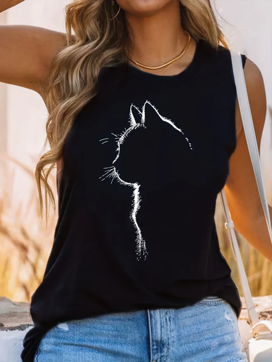 Edith - Tank top med katteprint og rund hal