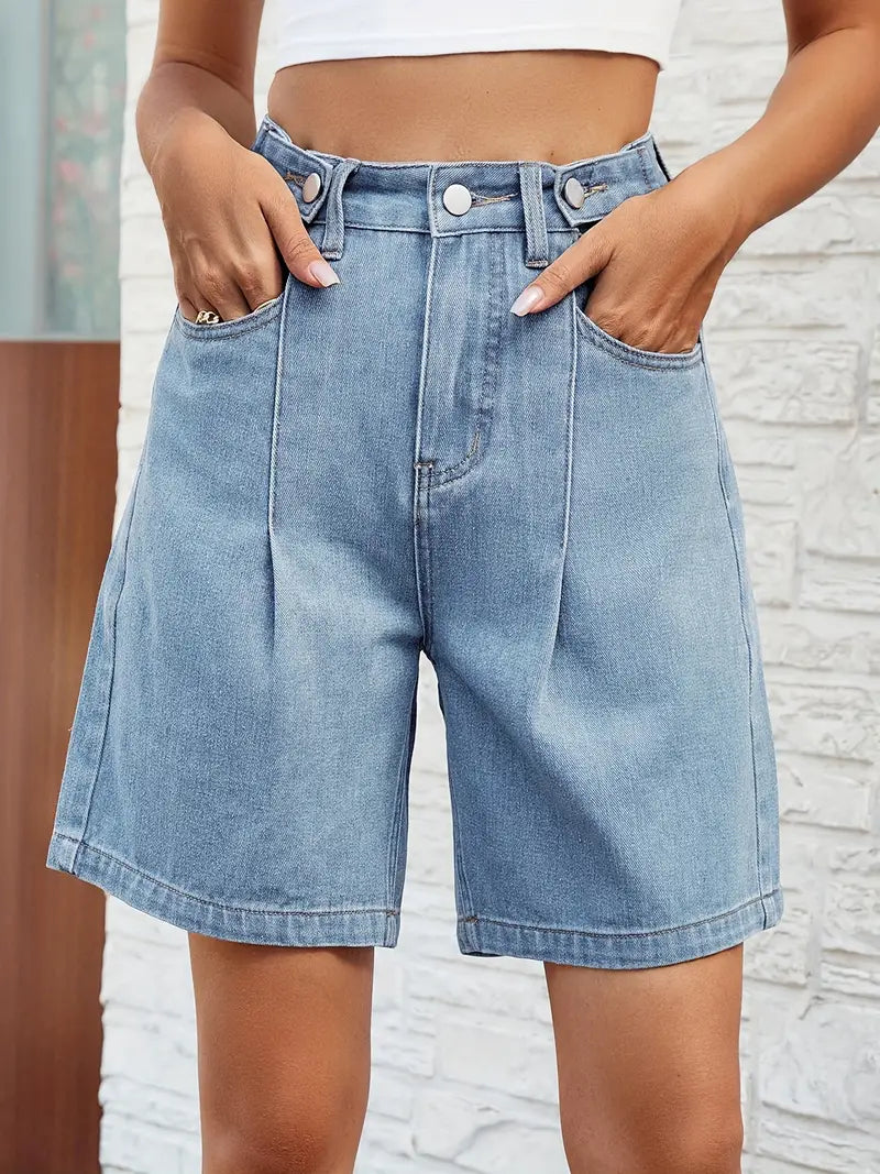 Phyllis - Plisserede denimshorts med justerbar talje