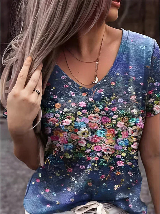 Zosia - T-shirt med V-hals og blomsterprin