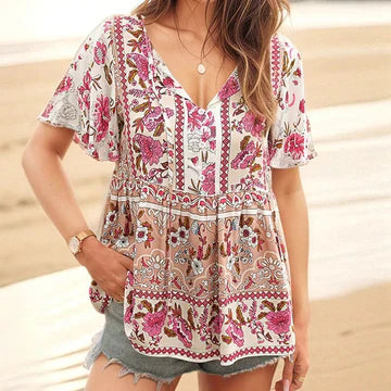 Anastasia - Bluse med boho-blomster