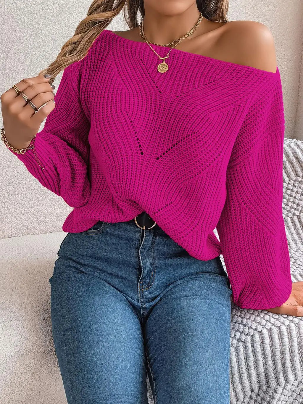 Jackie - Strikket trøje med off-shoulder